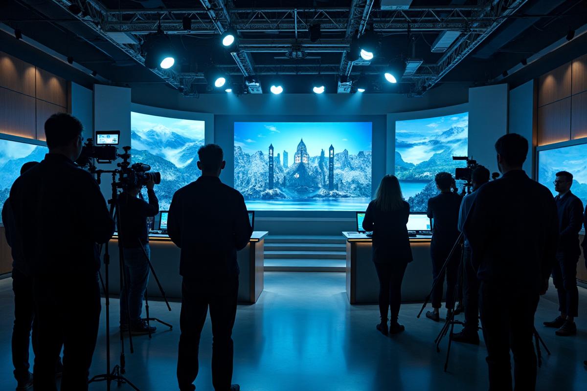 Television production studio with cameras and lighting